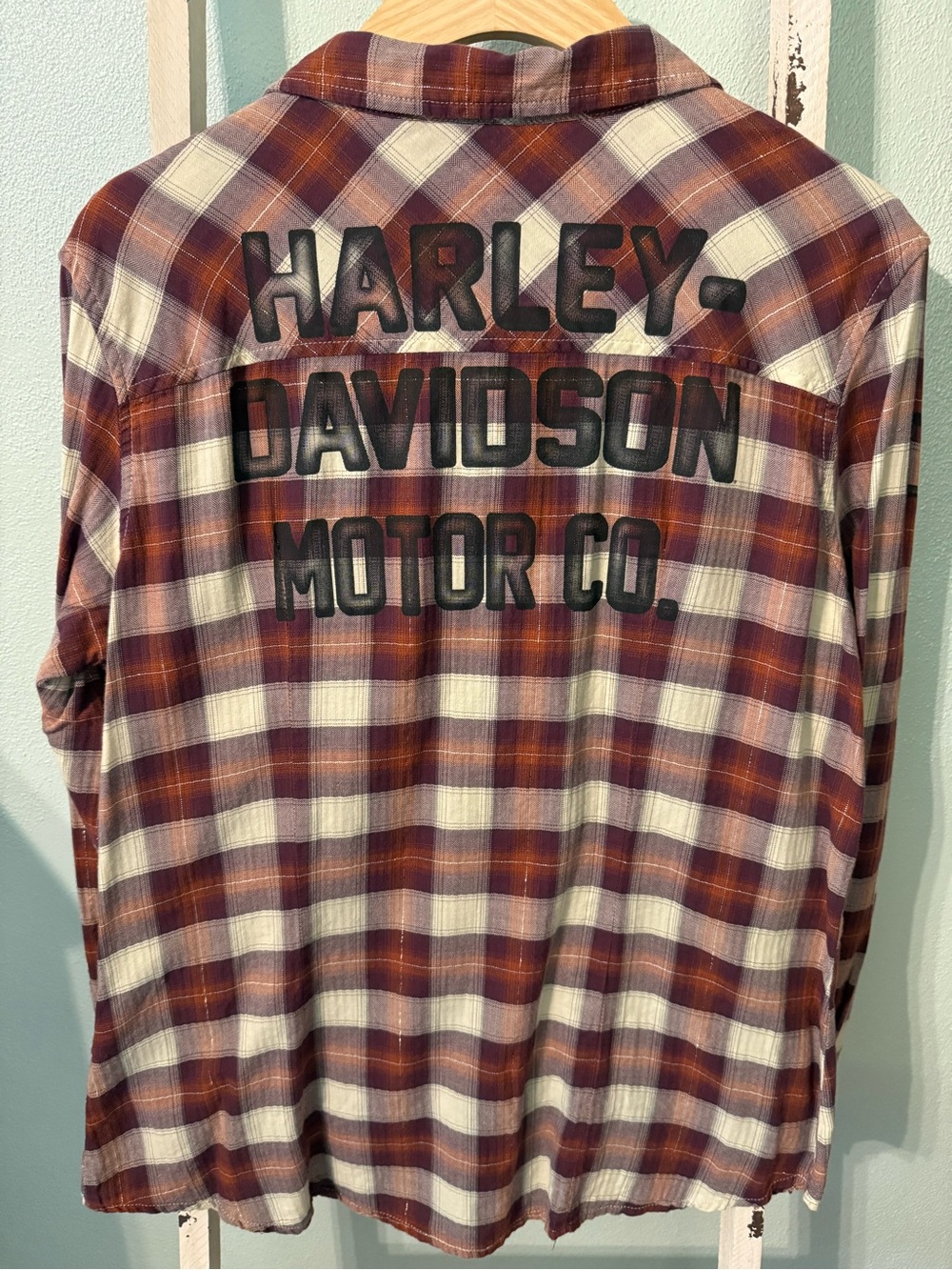Harley-Davidson Maroon Cream Plaid Button-Down Shirt Women Size L
